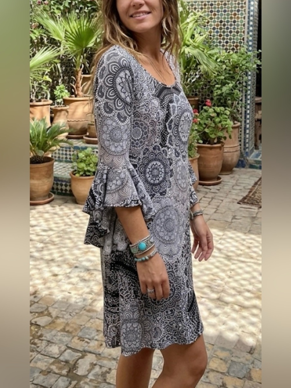 SJs Boho Mandala Print Bell Sleeve Shift Dress - Size Small